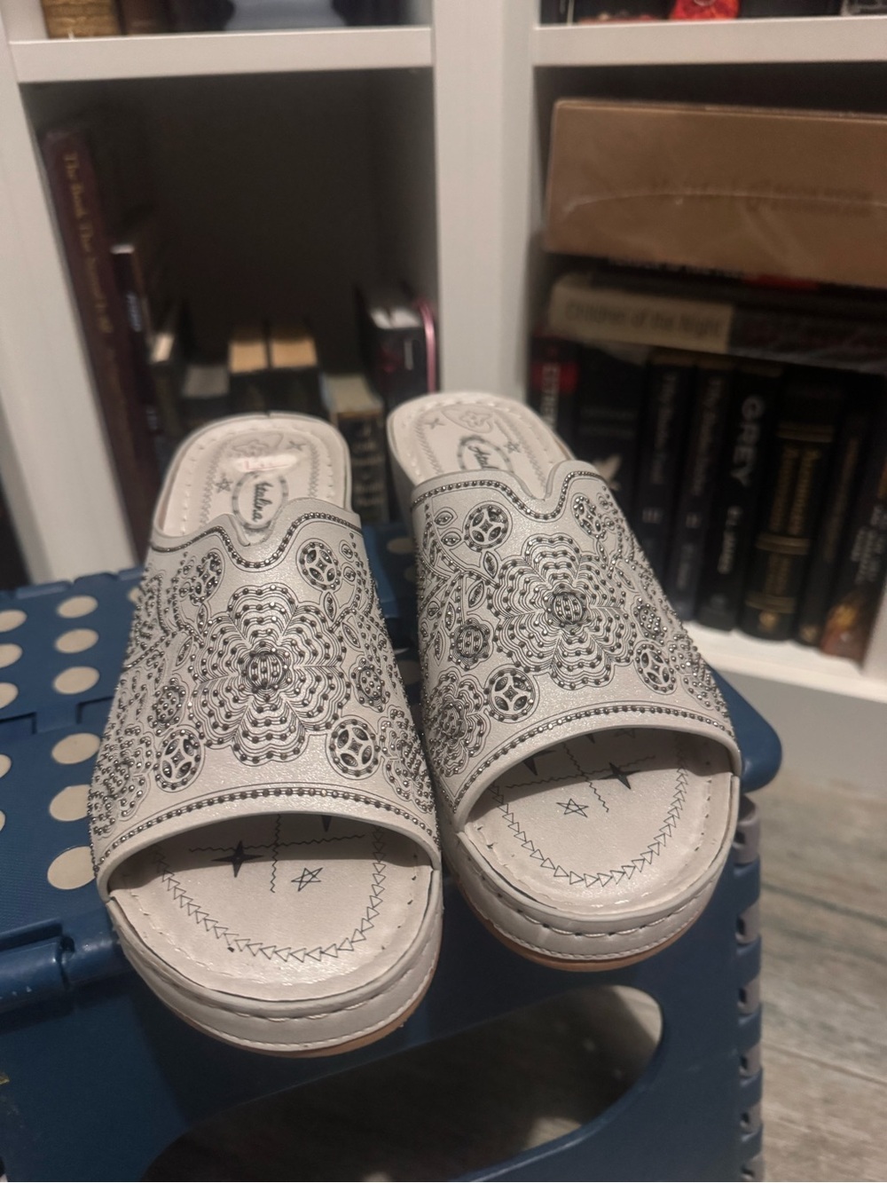 Embellished Silver Leather Slip-On Sandals - Women